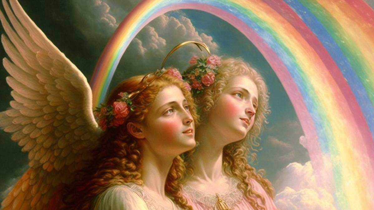 777 angel number - angels in a rainbow sky