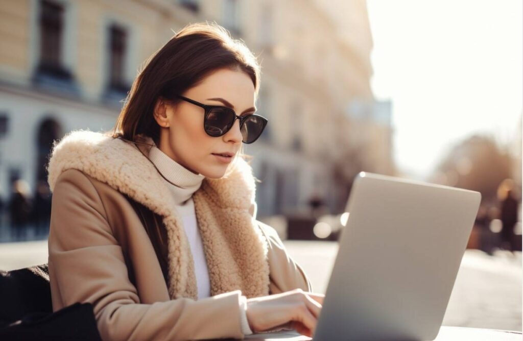personality test - woman in sunglases typing on laptop