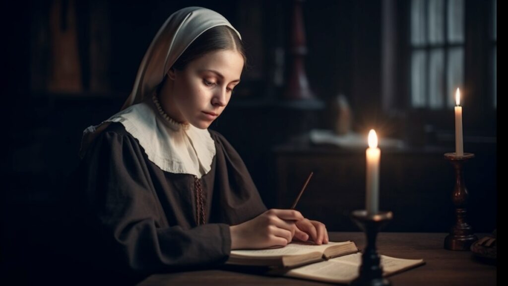 The Lord's Prayer KJV - nun reading the bible by candlelight