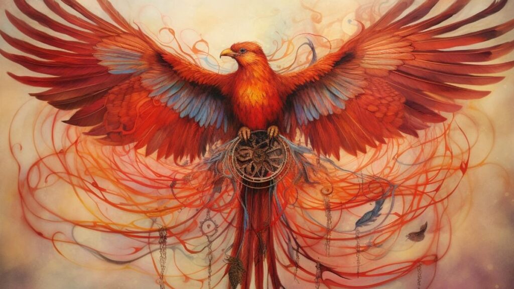 The phoenix bird symbolizes rebirth, immortality, and renewal, illustrating the cyclic nature of life and the potential for transformation.