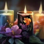 Three lit aromatic candles with floral decorations.