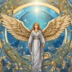 Illustration of angel with golden wings amid celestial backdrop.
