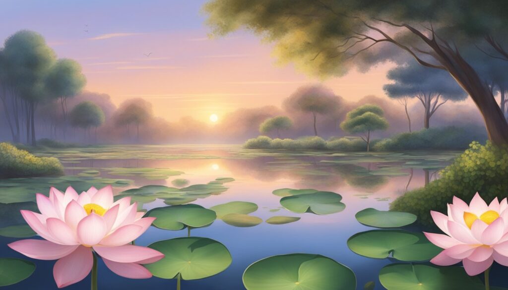 Tranquil lake with lotus flowers at sunrise.