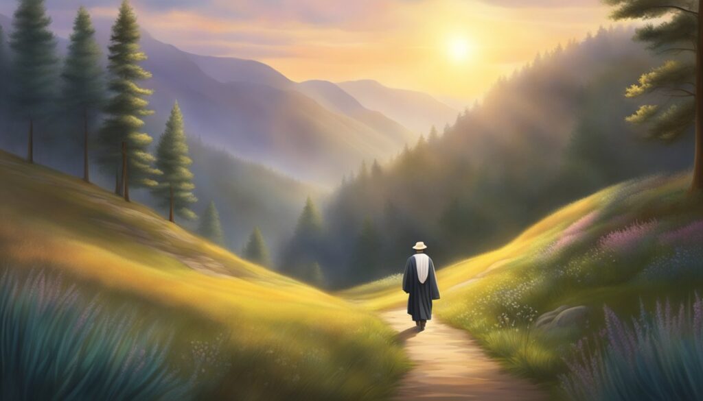 Person walking on path through serene mountainous landscape.