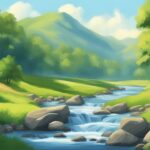 Serene mountain landscape with stream and trees.