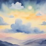 Watercolor painting of a mountainous sunset with clouds.