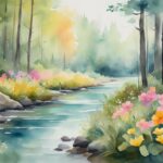 Watercolor painting of a serene forest stream with flowers.