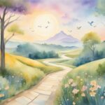 Serene watercolor landscape with sunrise and winding path.