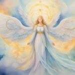 Illustration of an angelic figure with wings amidst clouds.