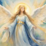 Serene angelic figure with illuminated halo and wings.