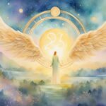 Mystical angel wings and clock in watercolor landscape.