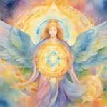 Colorful angelic figure with cosmic background and wings.