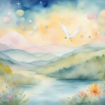 Watercolor landscape with flowers and flying dove.