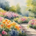 Colorful watercolor garden pathway painting.