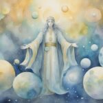 Mystical cosmic goddess among celestial watercolor planets.