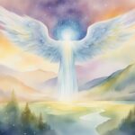 Angel with outstretched wings over mountain landscape painting.
