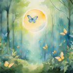 Enchanted forest watercolor with butterflies and sunrise.