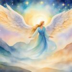 Illustration of angel with wings in celestial landscape.