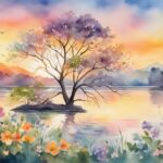 Watercolor landscape of sunset, tree, and flowers by lake.