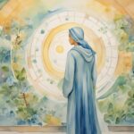 Watercolor painting of person near abstract light portal.