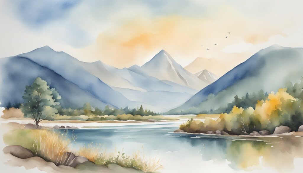 Watercolor mountain landscape with river and autumn trees.