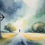 Watercolor painting of a person walking by road sign.