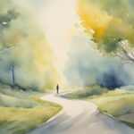 Watercolor landscape with person walking on winding road.