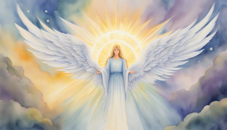 Illustration of an angel with wings and halo.