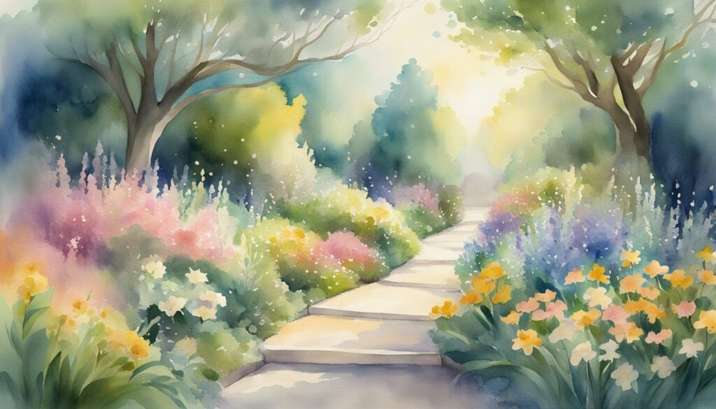 Watercolor painting of a blooming garden pathway.