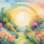 Colorful watercolor landscape with rainbow and flowers.