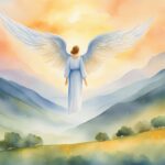 Angel with wings over mountains watercolor painting.