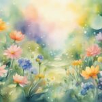 Watercolor floral landscape with bright, colorful flowers.