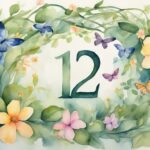 Watercolor floral wreath with butterflies and number 12.