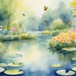 Watercolor painting of serene butterfly-filled pond scene