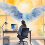 Woman working at desk with angel wings artwork.