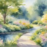 Watercolor painting of a serene floral riverside landscape.