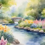 Watercolor painting of a serene floral riverscape.