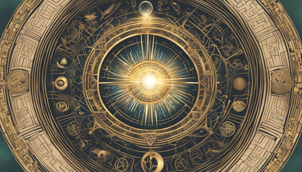 Intricate celestial zodiac and astrology wheel design.