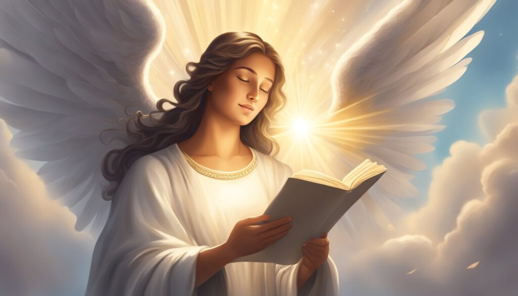 Angel reading book with radiant light background.