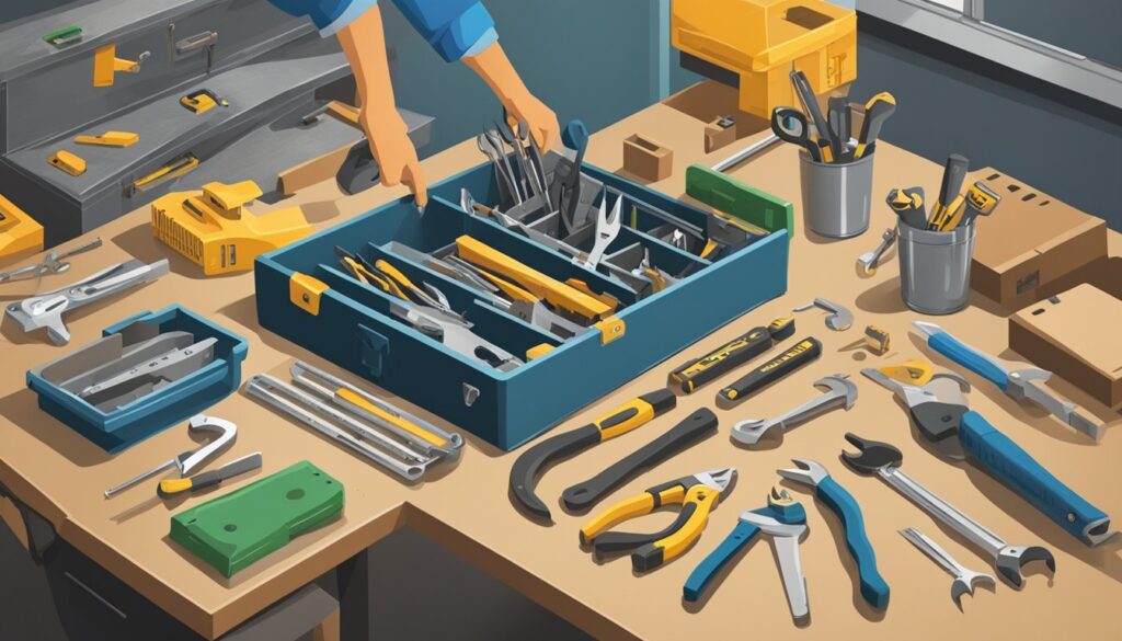 Assorted tools on workbench for repair and construction projects.