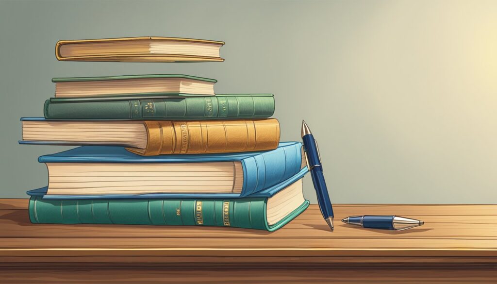 Stack of books with pen on table.