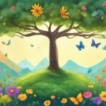 Colorful fantasy landscape with butterflies and blooming flowers.