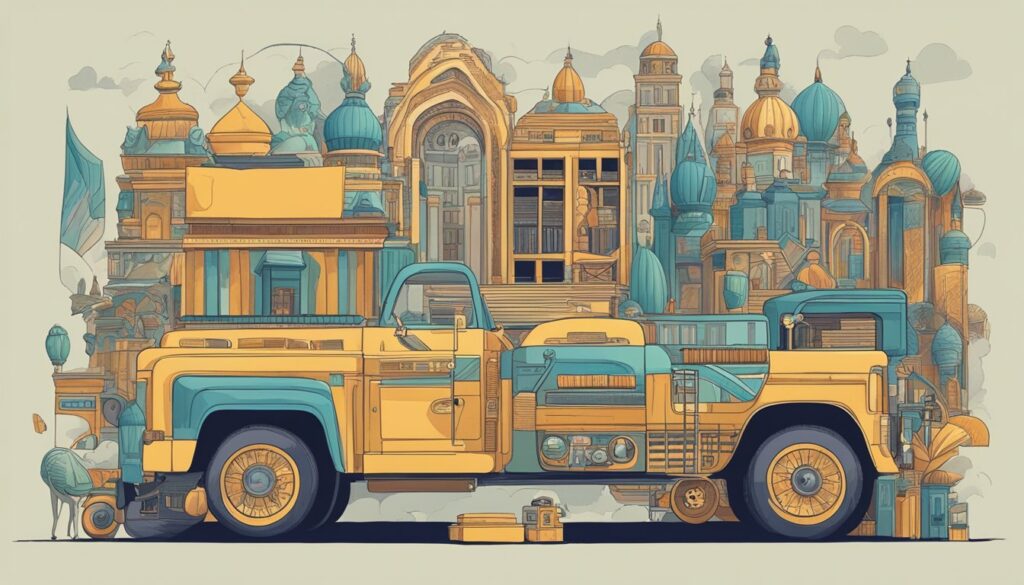 Illustration of vintage trucks with whimsical cityscape background.