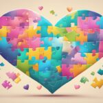 Colorful heart-shaped jigsaw puzzle pieces floating on beige.
