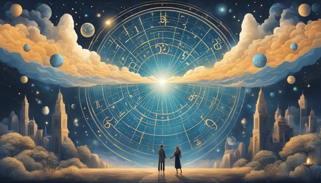 Fantasy cosmic landscape with zodiac signs and couple.