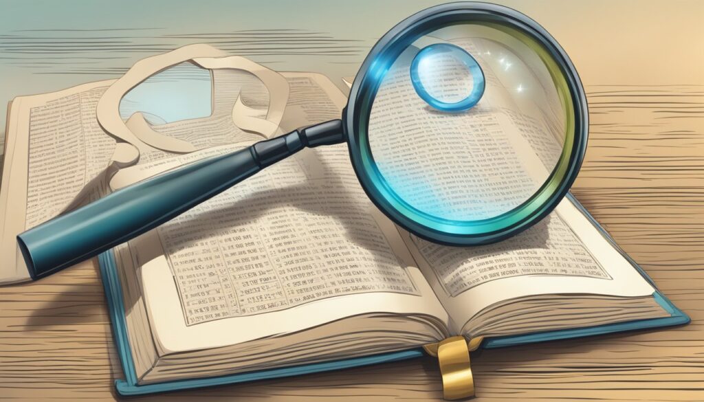 Magnifying glass over open book on wooden table.