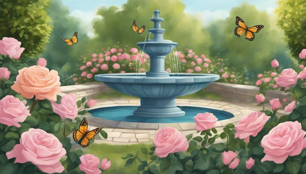 Garden with fountain, roses, and butterflies illustration.