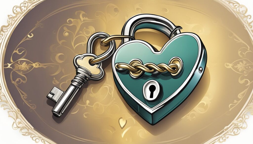 Decorative heart-shaped lock with key illustration.