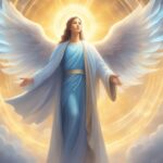 Artistic depiction of an angel with glowing wings.