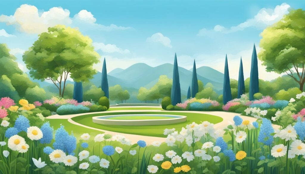 Colorful illustrated garden with flowers and mountains.